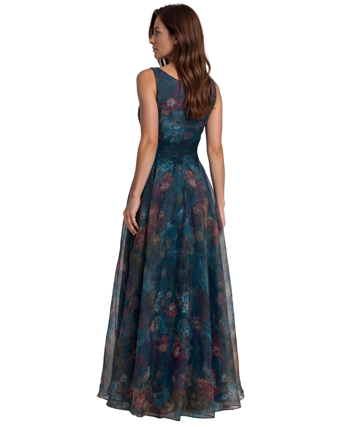 Rene Ruiz Occasion Women's V-neck Floral Printed Organza Waist Tie A-Line Gown