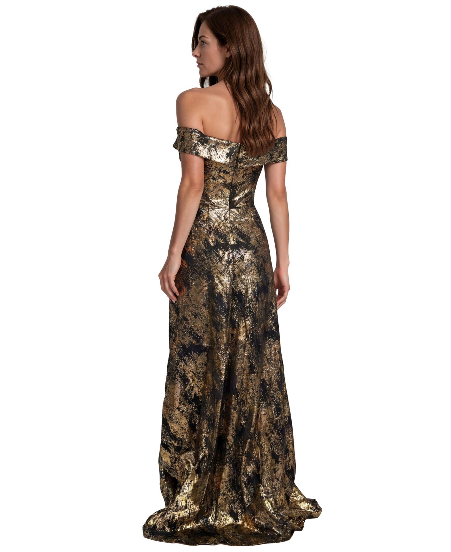 Женские платья Rene Ruiz Occasion Off-the-Shoulder Metallic Jacquard Draped Gown, цвет: Чёрный золотой — фото 2