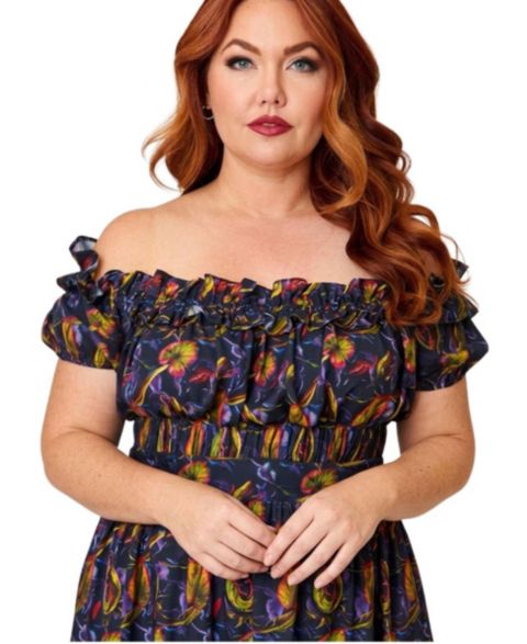 Женский топ Unique Vintage Plus Size 1970s Ruffle Up Crop, цвет: Чёрный с принтом