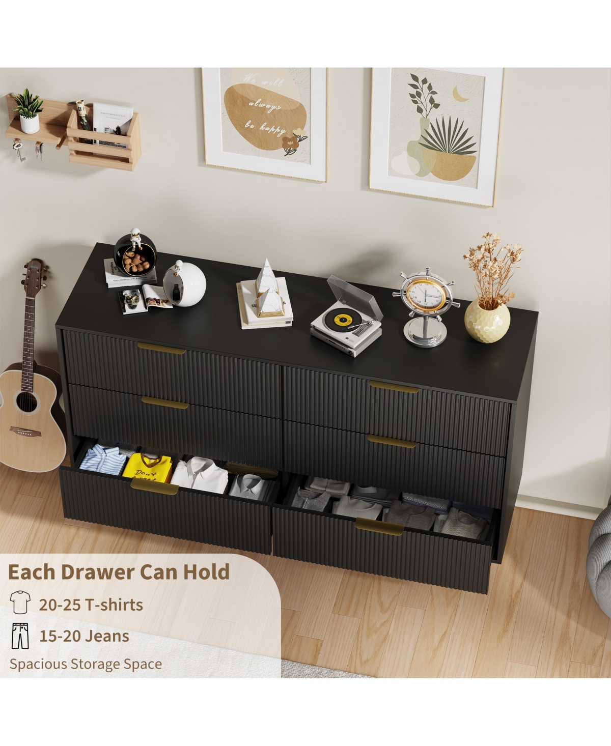 homfan 6 Drawer Fluted Dresser Furniture, Wooden Chest of Drawers with Metal Handle, Modern Wide for Living Room, Bedroom, or Hallway