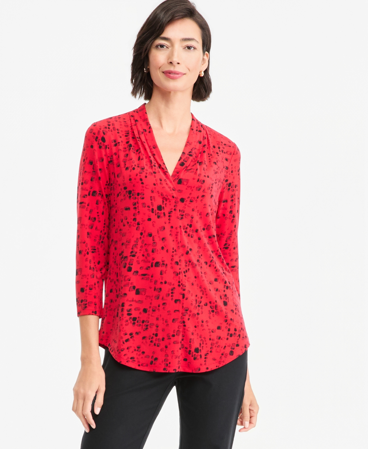 Jm Collection Women's Printed 3/4 Sleeve V-Neck Knit Top, Macy's Exclusive - Real Red