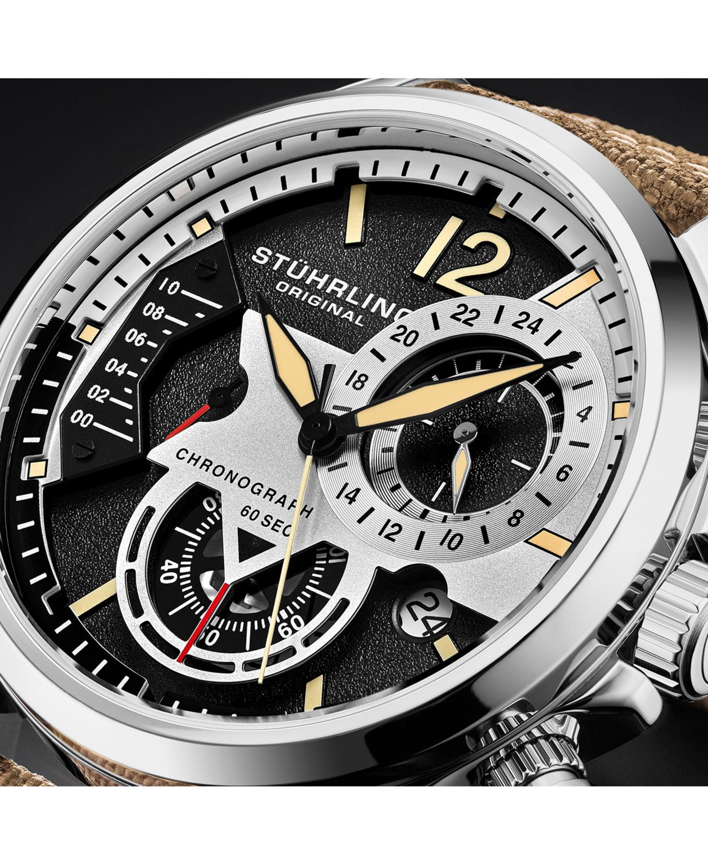 Мужские часы Stuhrling Model 4029 Japan Quartz Chronograph, Leather Strap Watch, цвет: Бежевый — фото 3