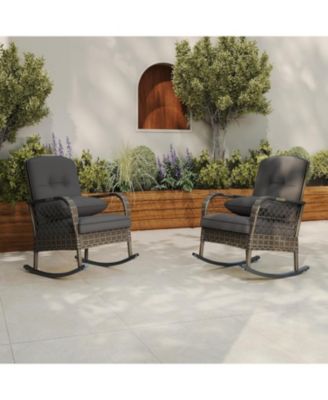 Set of 2 Outdoor Rocking Chairs with Cushions, Wicker, High-Back, Ergonomic High-Back Comfort, Handwoven Brown Rattan, Rustproof Steel Frame