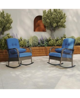 Set of 2 Outdoor Rocking Chairs with Cushions, Wicker, High-Back, Ergonomic High-Back Comfort, Handwoven Brown Rattan, Rustproof Steel Frame
