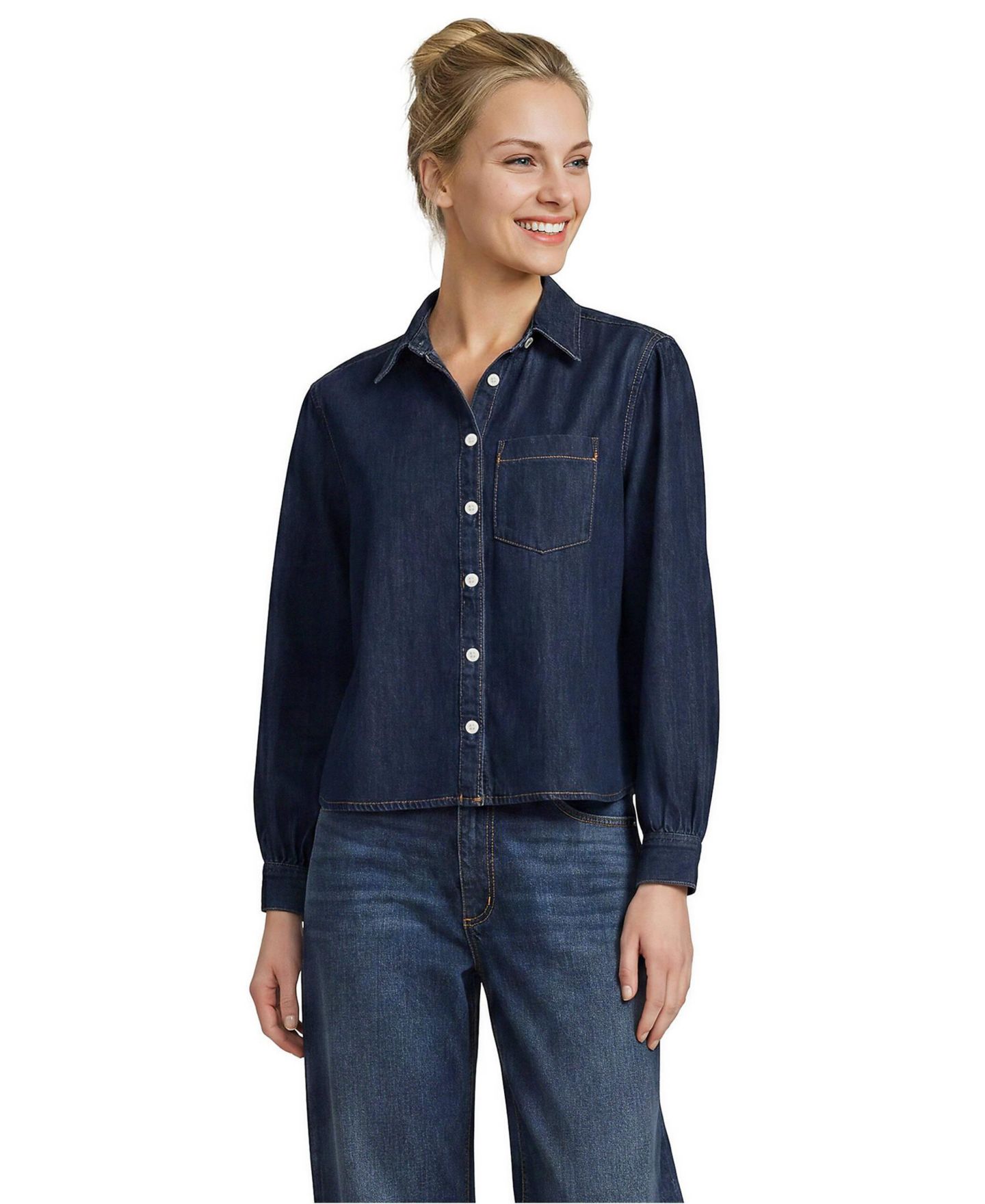 Женская рубашка Lands' End Long-Sleeve Cropped Denim, цвет: Тёмный индиго — фото 4