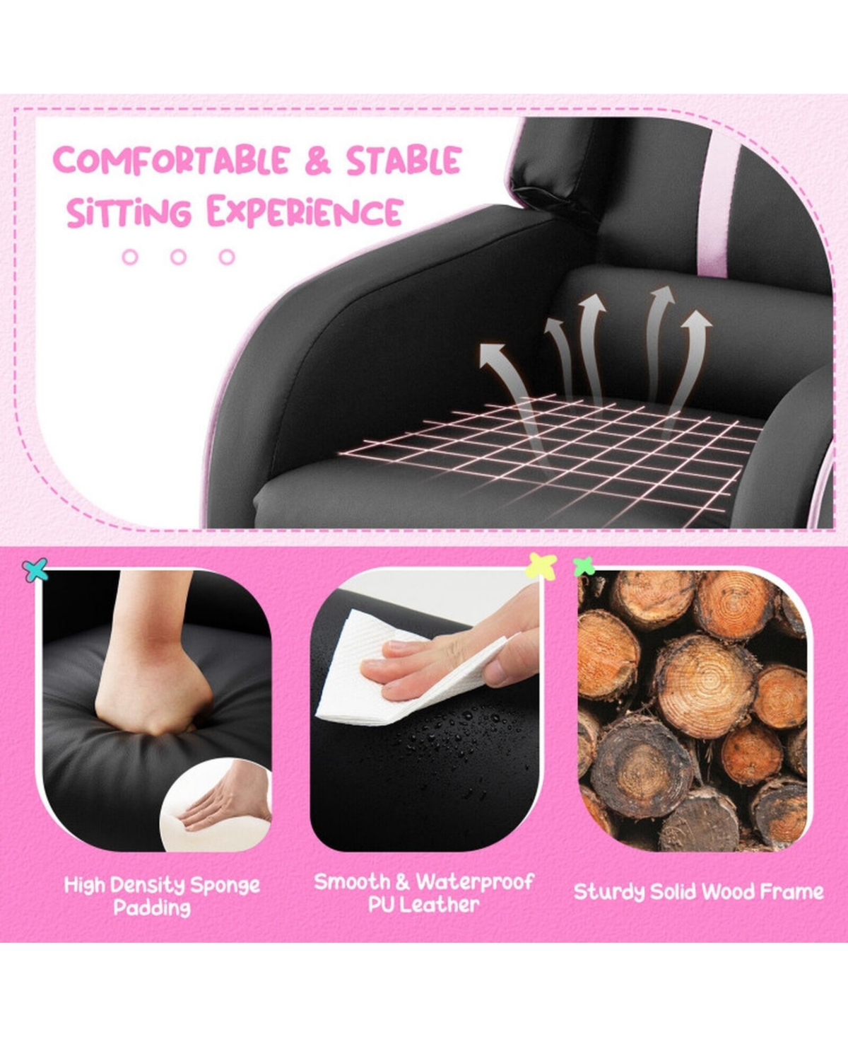 Gouun Kids Recliner Chair with Adjustable Backrest Footrest and Side Pockets
