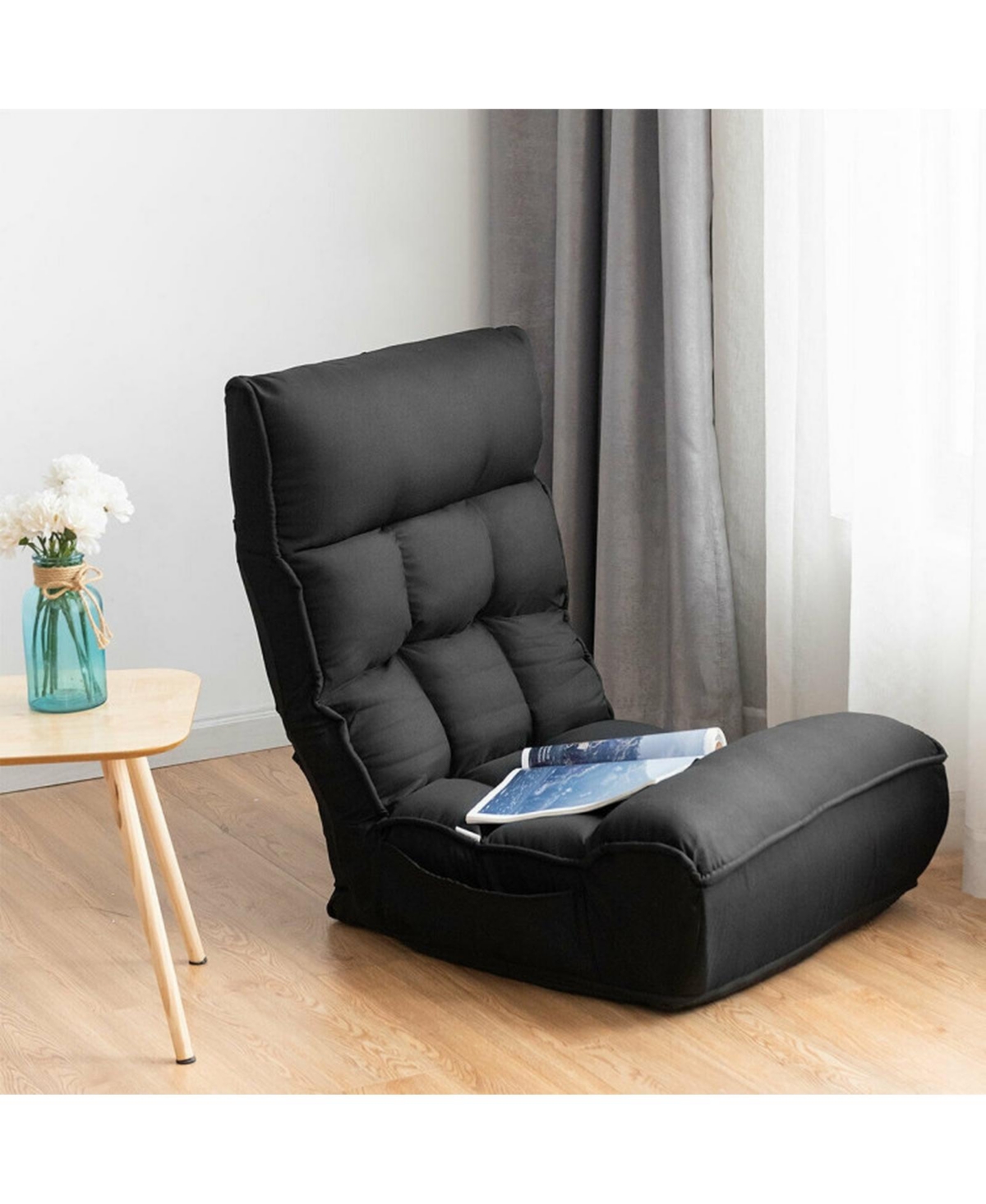 Gouun 4-Position Adjustable Floor Chair Folding Lazy Sofa with Side Pocket
