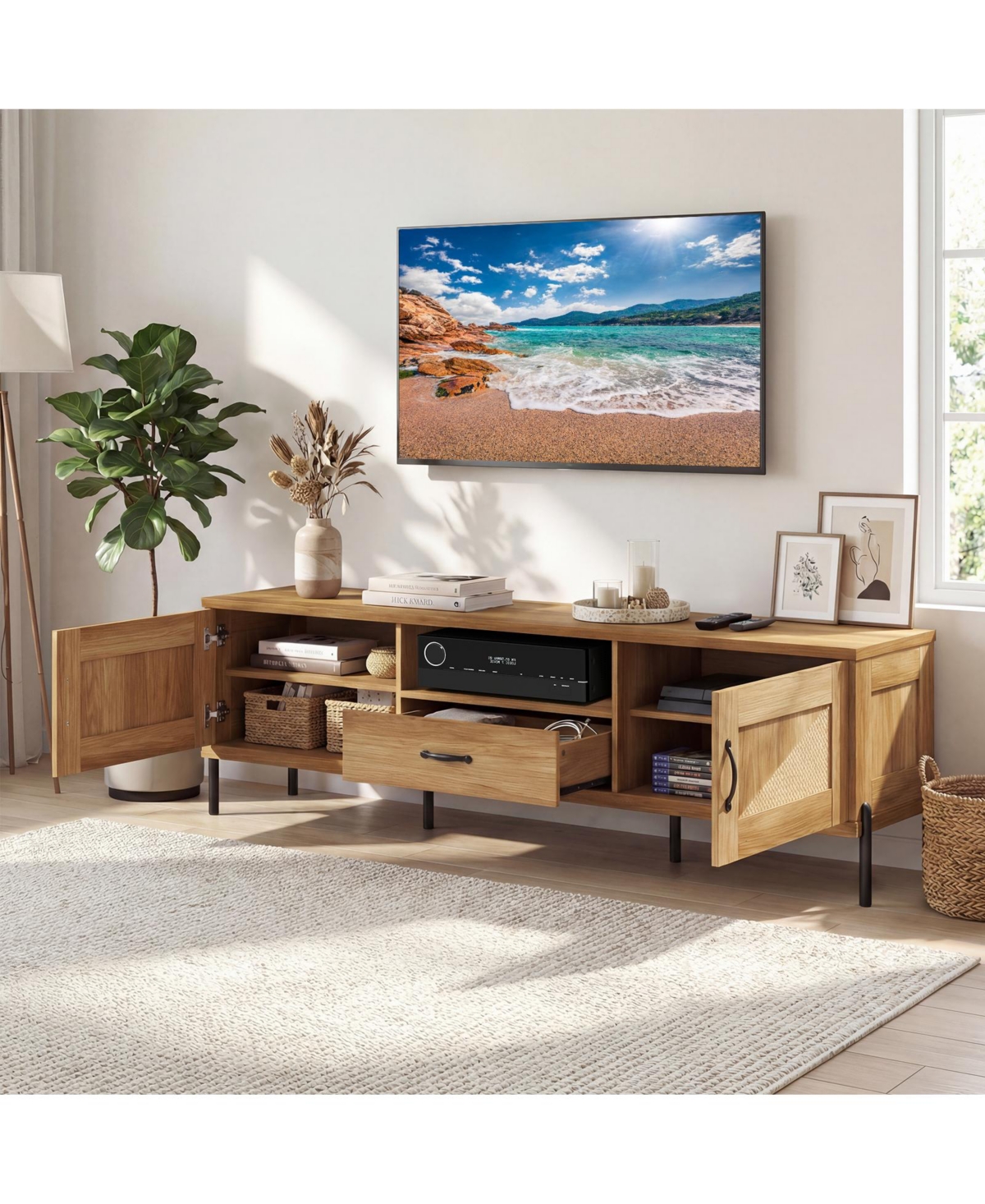 Costway Rattan Tv Stand for TVs with 2 Storage Cabinets, Open Shelf and Drawer