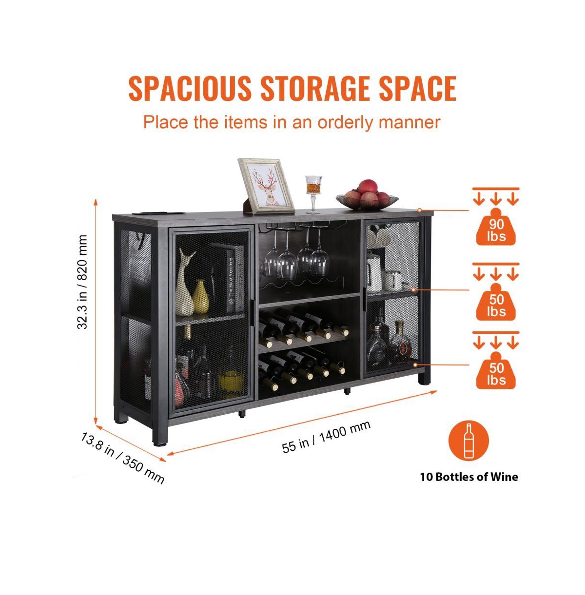 Slickblue 47 Inch Farmhouse Bar Cabinet with Wine Rack and Buffet Storage