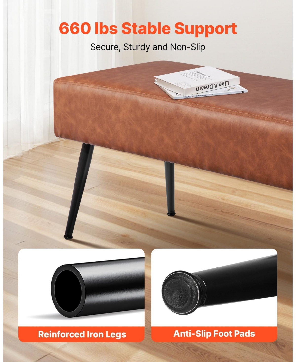 Sugift Pu Leather Upholstered Bedroom Bench with Metal Legs 15.7 x 43.3 x 16.9 in 660 lbs
