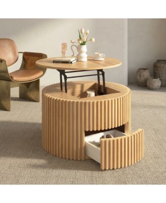 Round Lift Top Coffee Table Storage Fluted Wood MDF Solid Wood Living Room Table