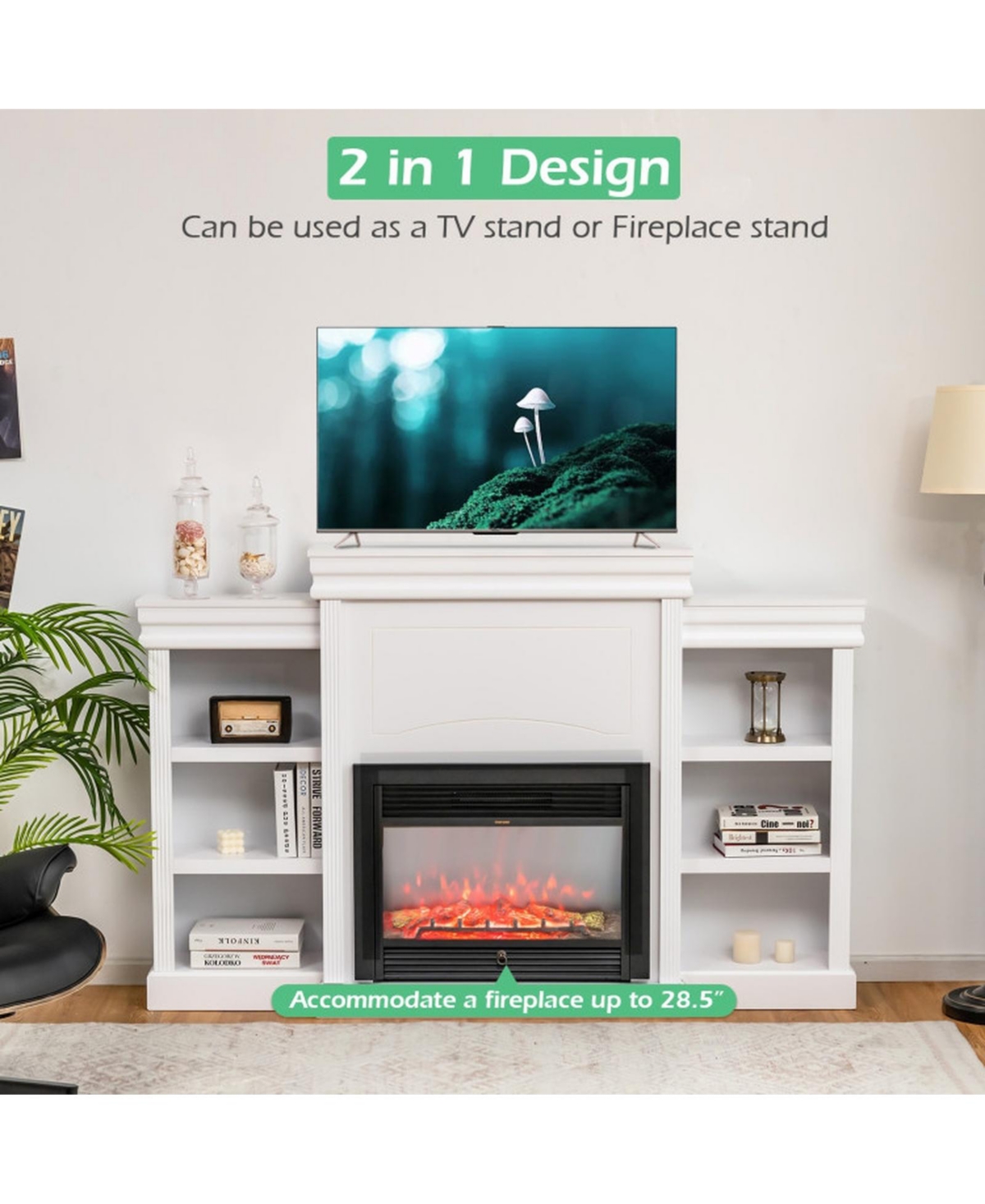 Gouun 70 Inch Fireplace Media Console with 6-Shelf Bookcase Storage