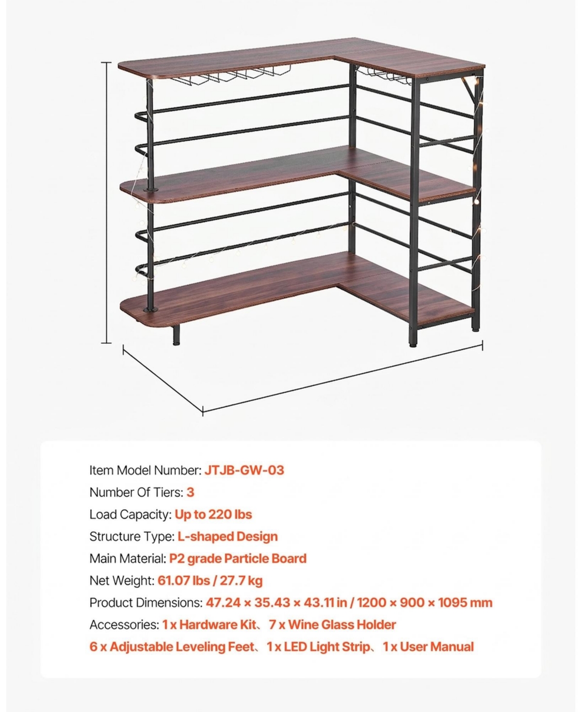 Sugift L-Shaped 3-Tier Home Bar Cabinet Table with Storage Shelves Adjustable Foot Pads and Led Light