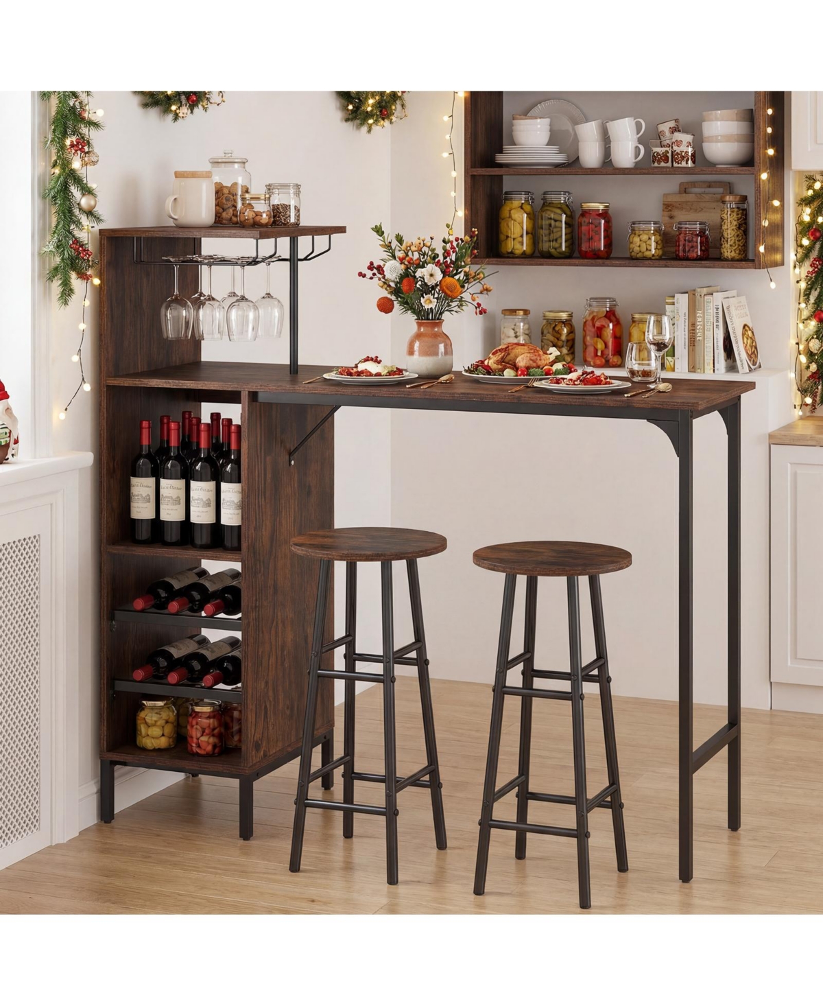 Costway 3 Piece Bar Table and Chairs Set Industrial Pub Stools with Bottle Wine Rack