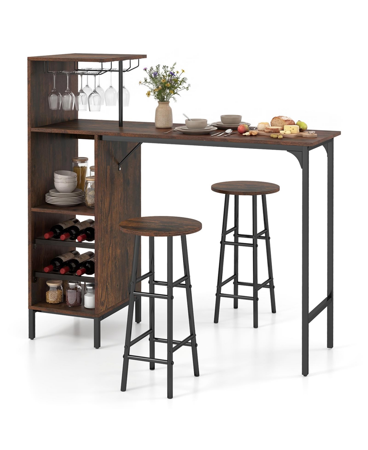 Costway 3 Piece Bar Table and Chairs Set Industrial Pub Stools with Bottle Wine Rack