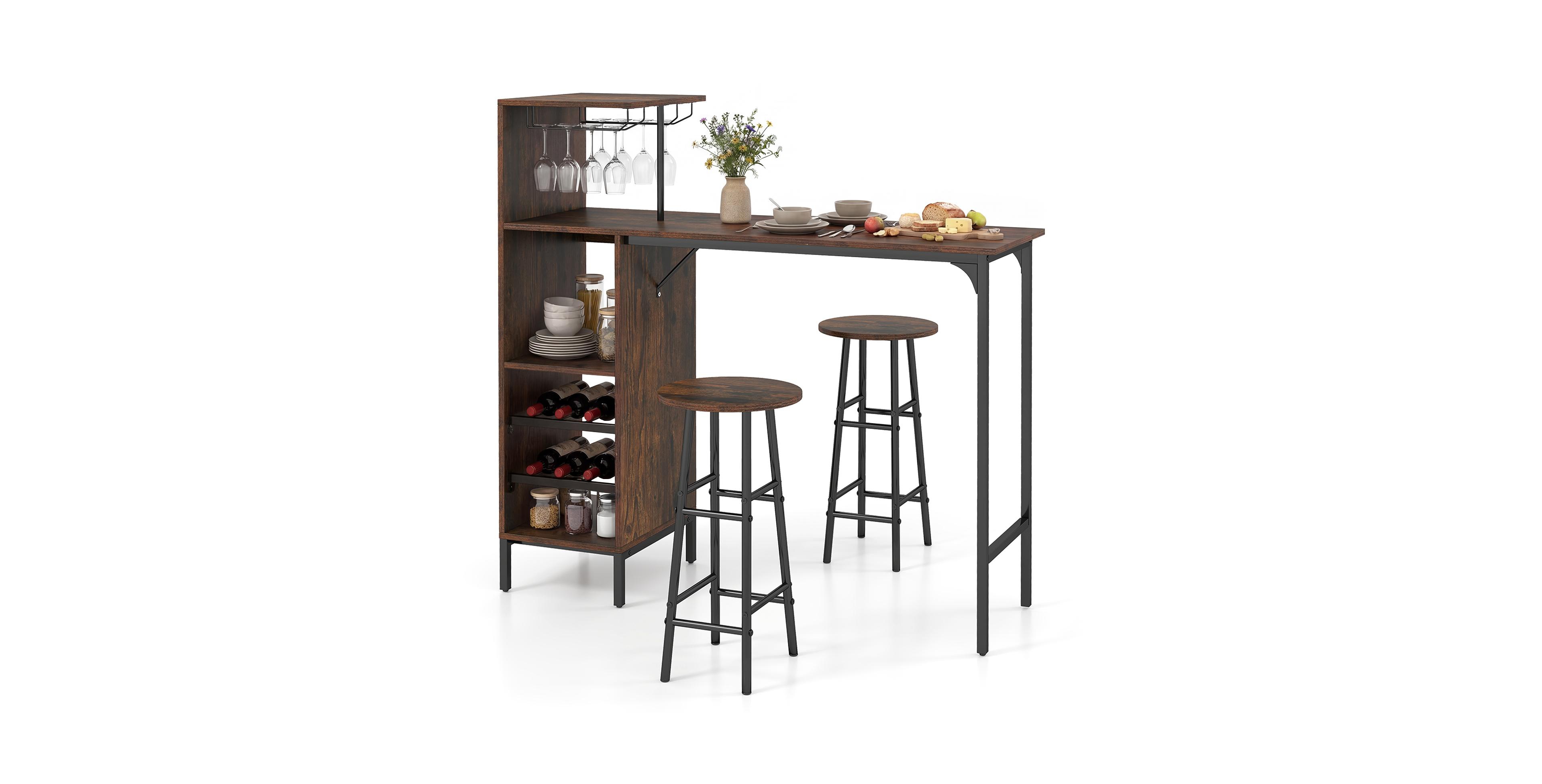 Costway 3 Piece Bar Table and Chairs Set Industrial Pub Stools with Bottle Wine Rack