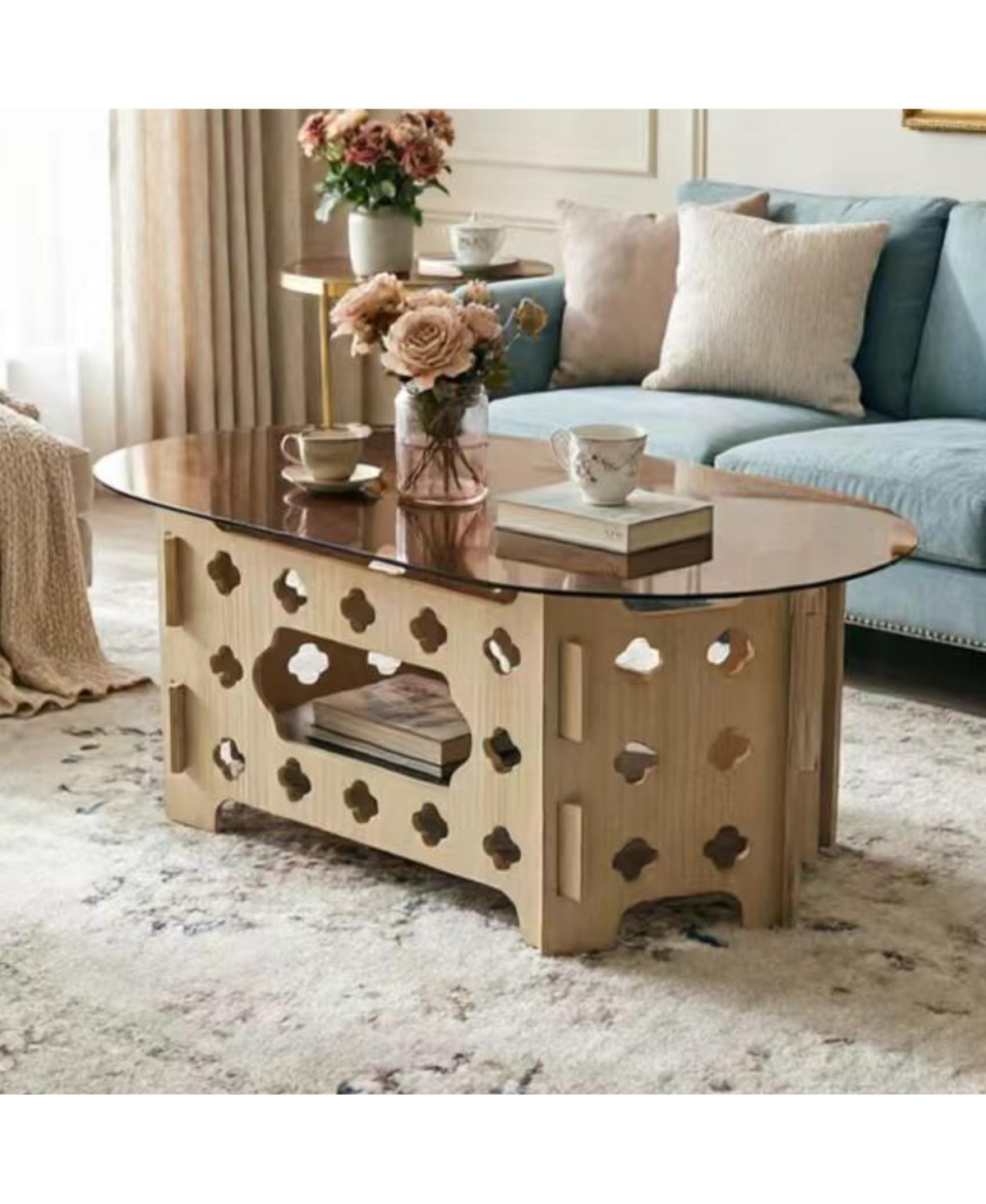 Flynama 38.6 Inch Oval Glass Coffee Table Caramel Wood Carved Base Farmhouse