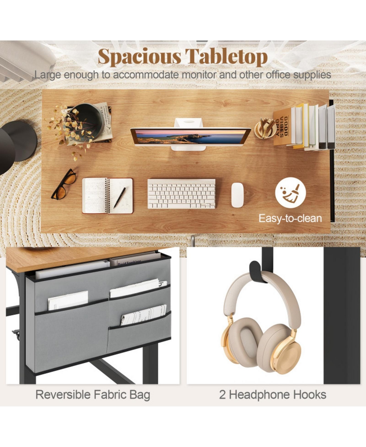 Gouun 48 Inch Rolling Computer Desk with Heavy-Duty Metal Frame and 4 Casters