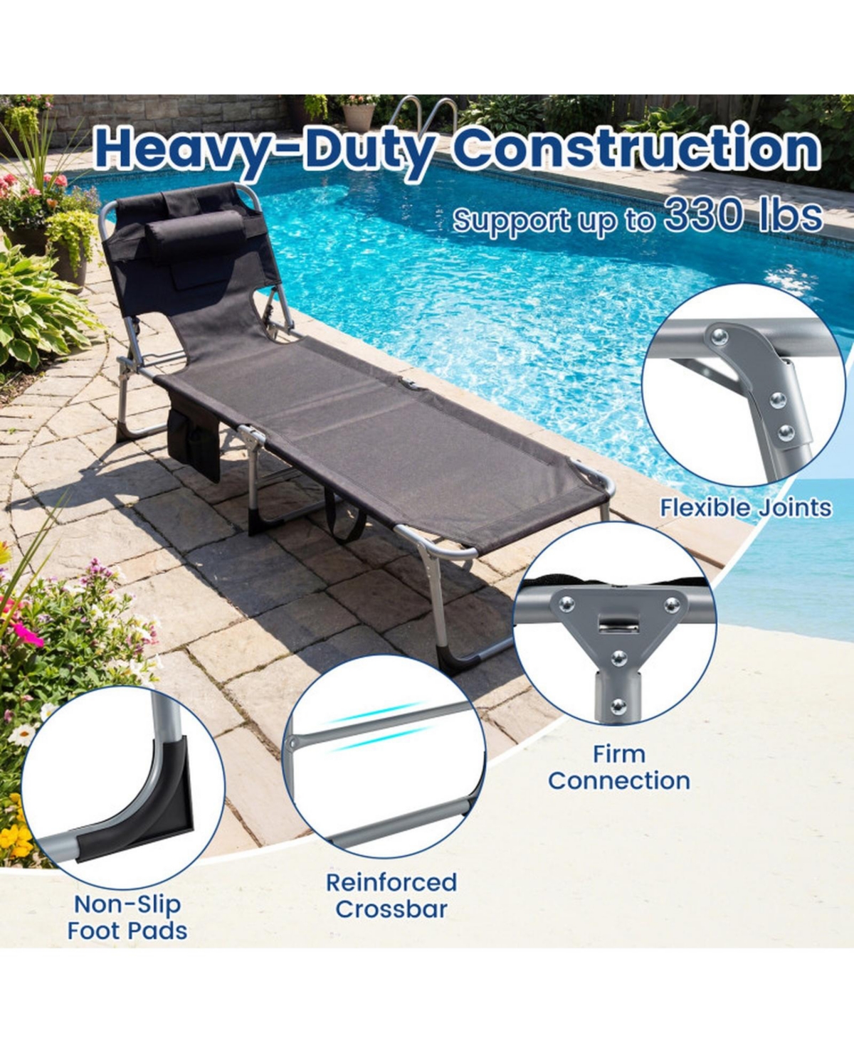 Gouun Set of 2 Portable Tanning Chaise Lounge Chair with 4-Position Adjustable Back