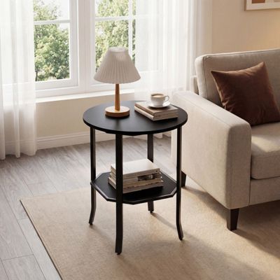 Round 2-Tier Side End Table with Open Storage Shelf and Steel Frame