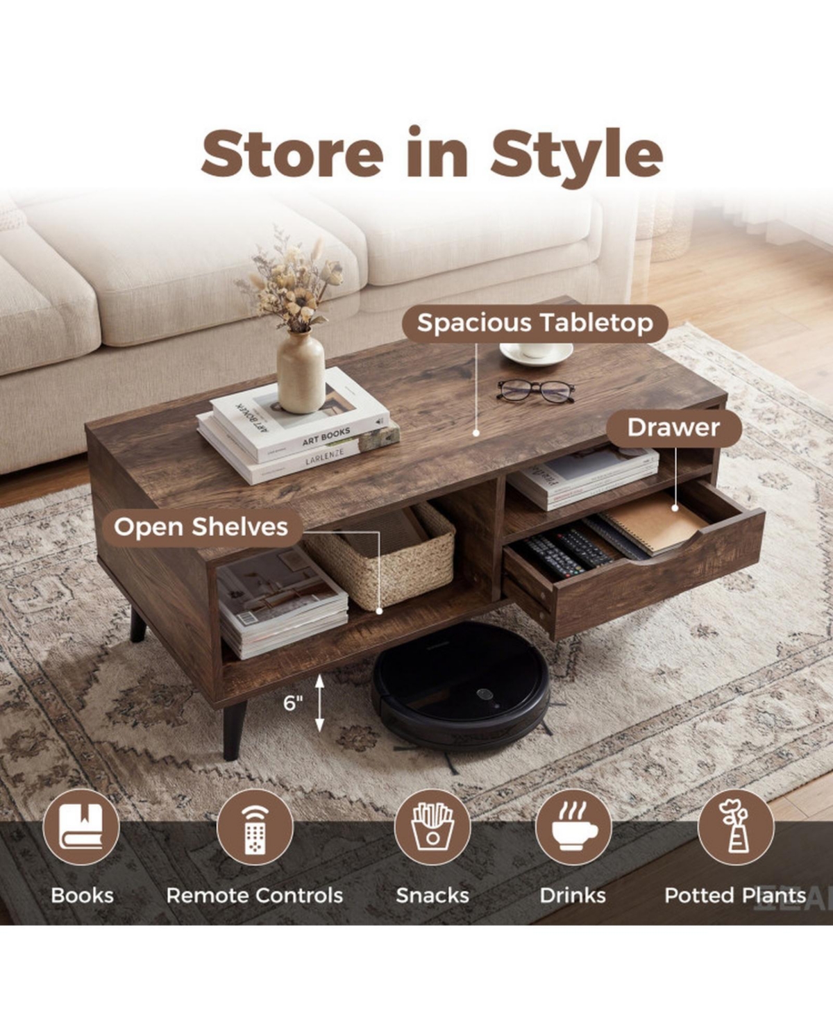 Sugift Rectangle Coffee Table with Storage Drawer and Open Shelves