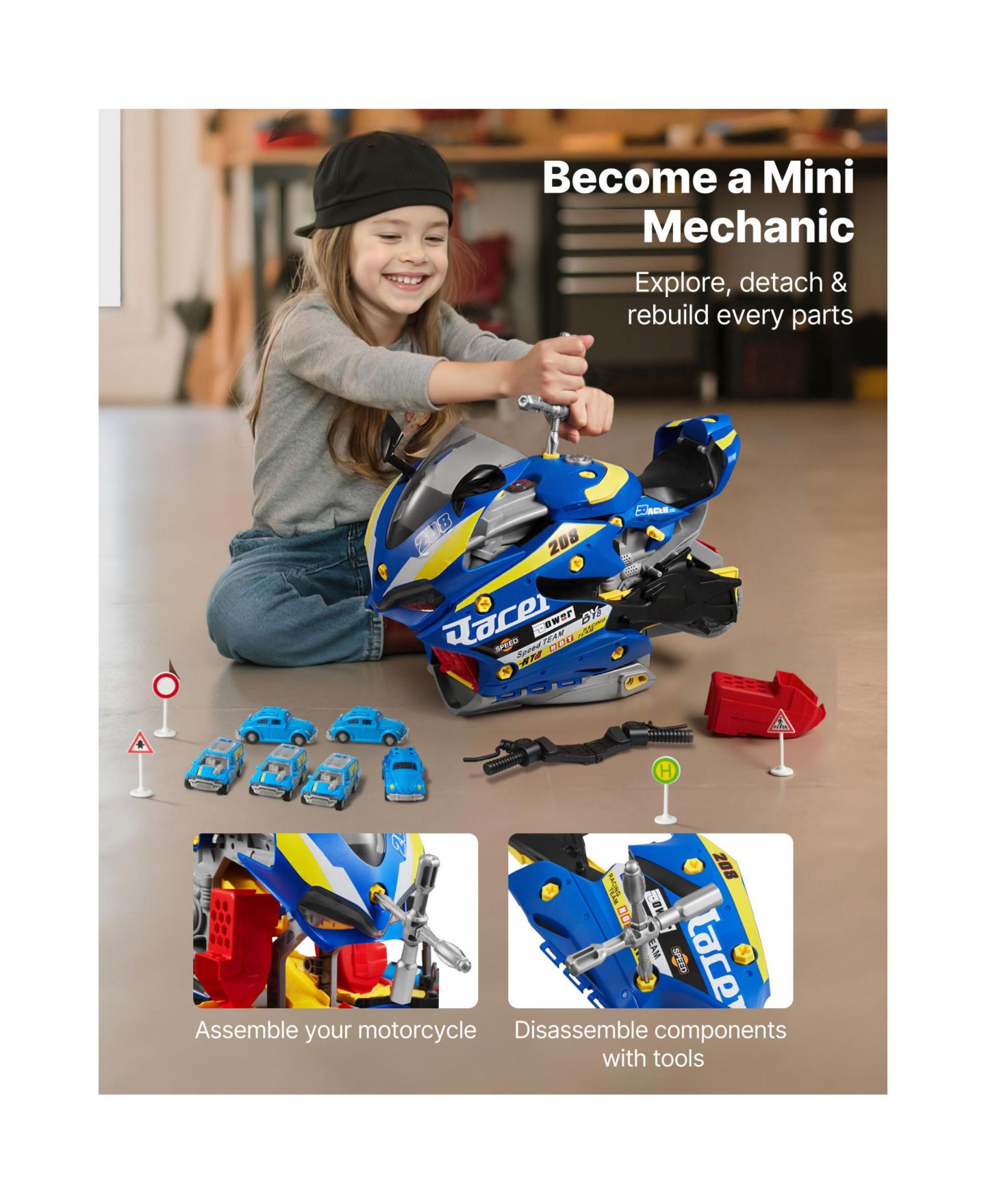 Детский игровой набор SUGIFT Motorcycle Lights and Sounds 25-Piece Playset, Ages 3+, цвет: Синий — фото 8
