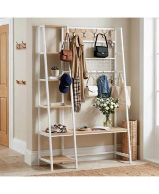 4-in-1 Industrial Hall Tree with Shoe Storage and Bench, Entryway Coat Rack with 8 Removable Hooks, Rustic Wood and Metal Frame for Mudroom