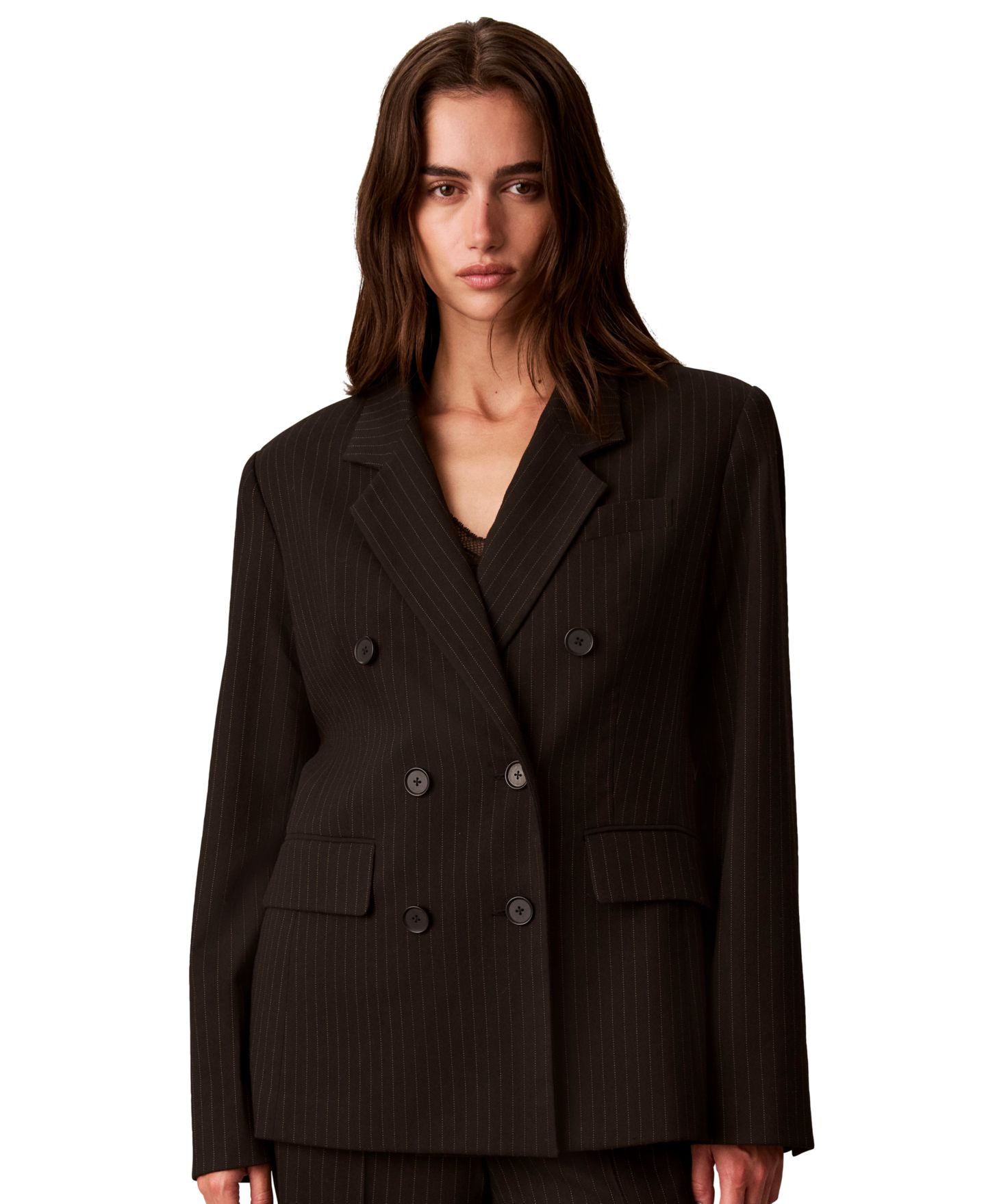 Женский пиджак Calvin Klein Double-Breasted Pinstripe Notch Collar Blazer, цвет: Чёрный / Седельно-коричневый — фото 7