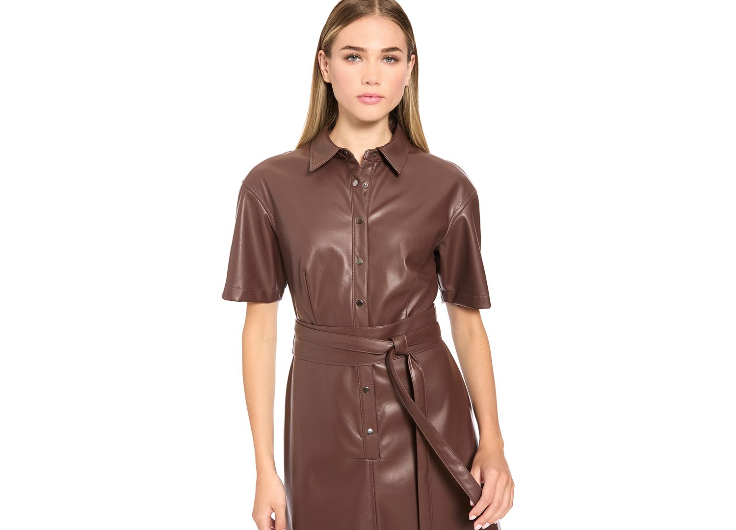 Women's Faux Leather Short-Sleeve Midi Dress