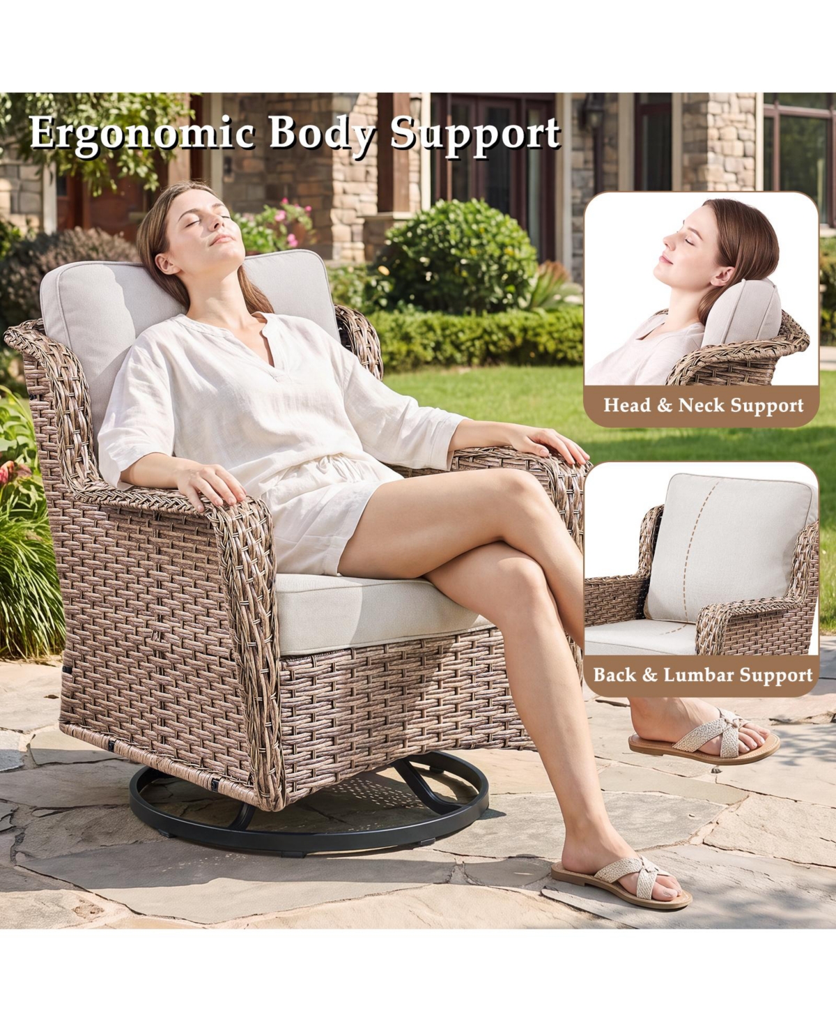 Pocassy 3 Pieces Patio Furniture Set, Outdoor Swivel Glider Rocker Set with Washable Cushion and Tempered Glass Table