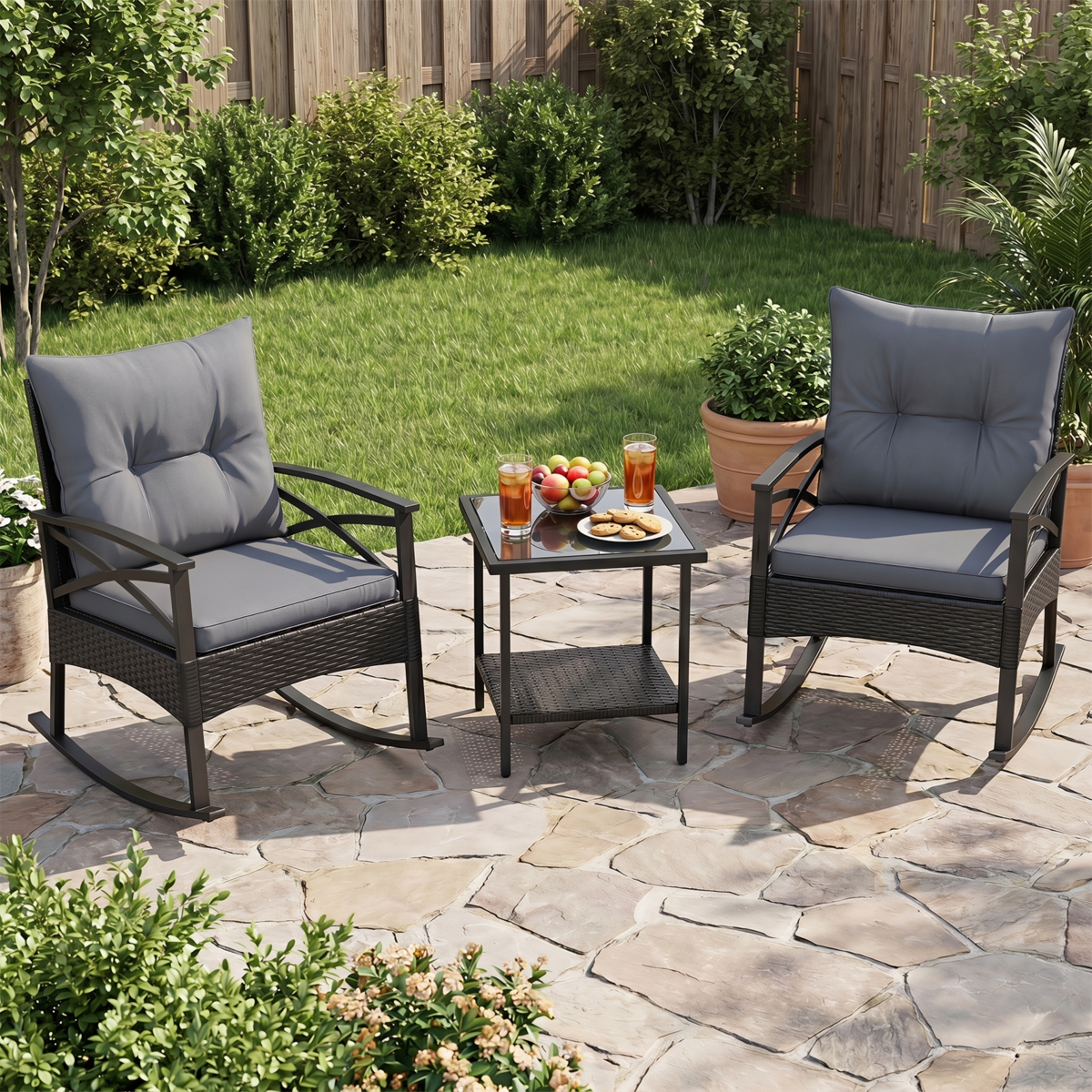 Gymax 3 Pieces Rattan Rocking Bistro Set with Tempered Glass Tabletop and Cushions for Porch Mix
