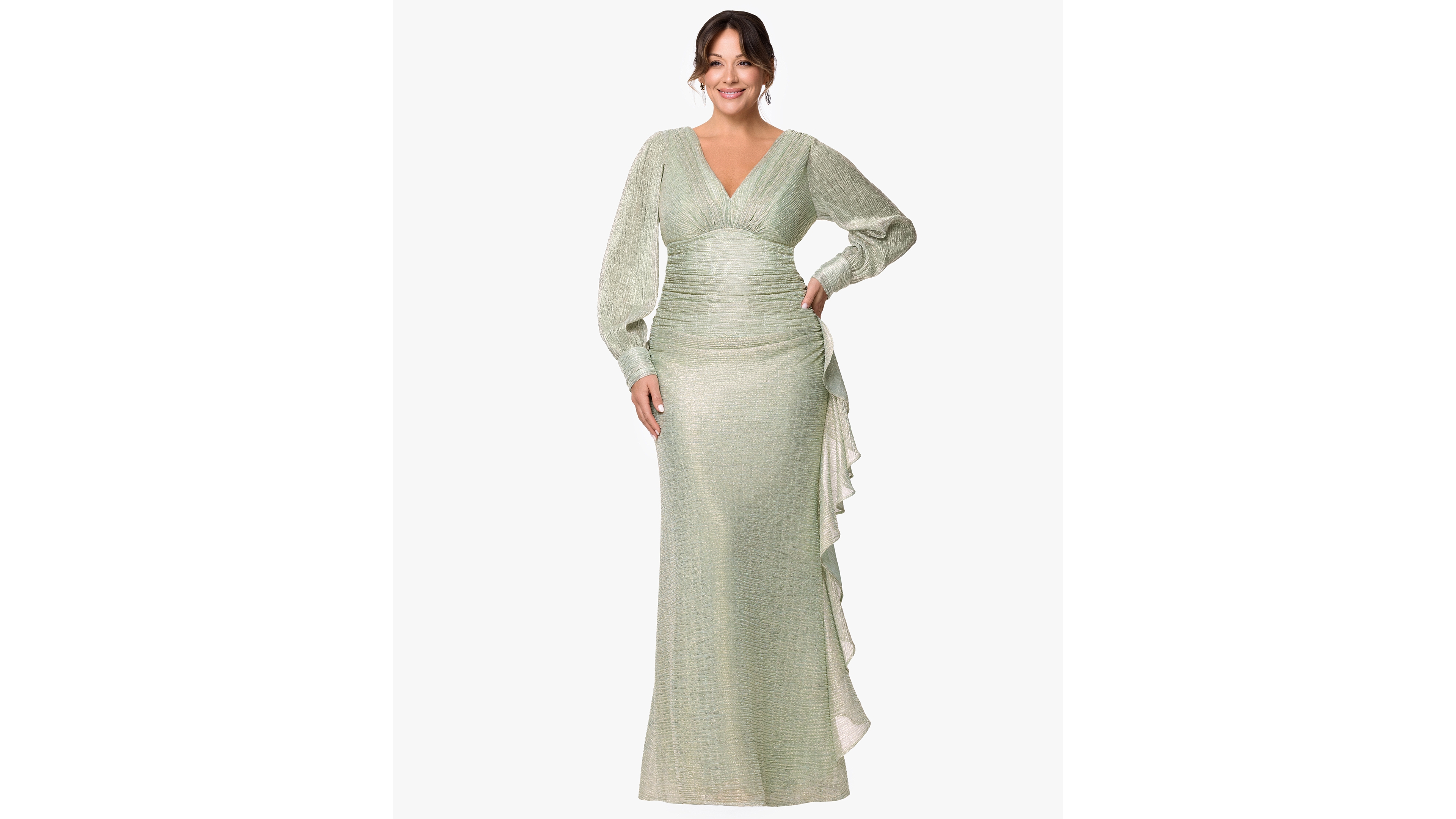Betsy & Adam Plus Size Long-Sleeve V-Neck Metallic Dress