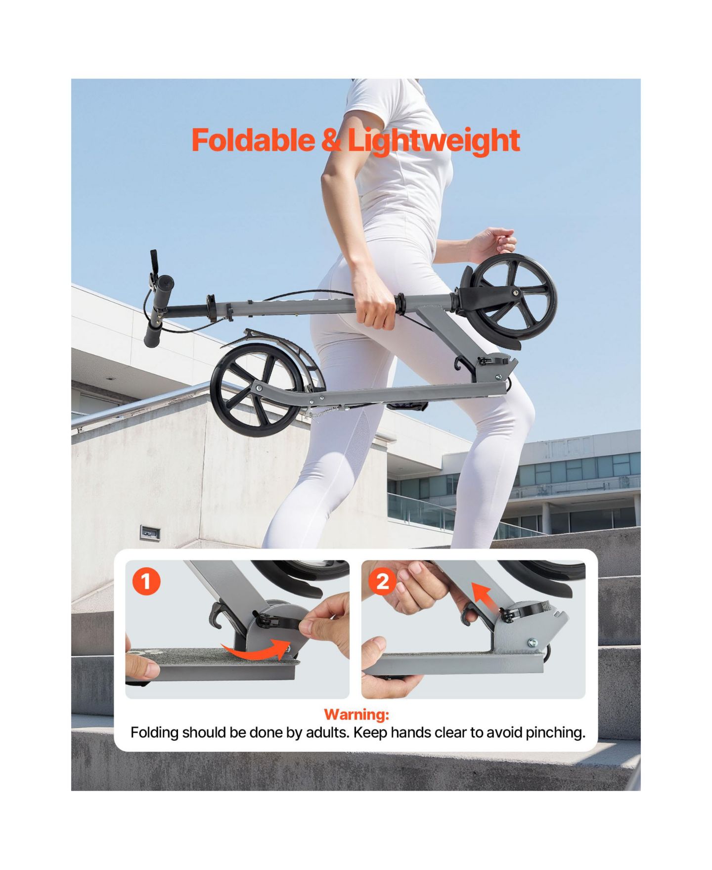 Детская игрушка SUGIFT Adjustable-Foldable Aluminum Alloy 2-Wheel Kick Scooter, Up to 220 lbs, Ages 8+, цвет: Серый — фото 2