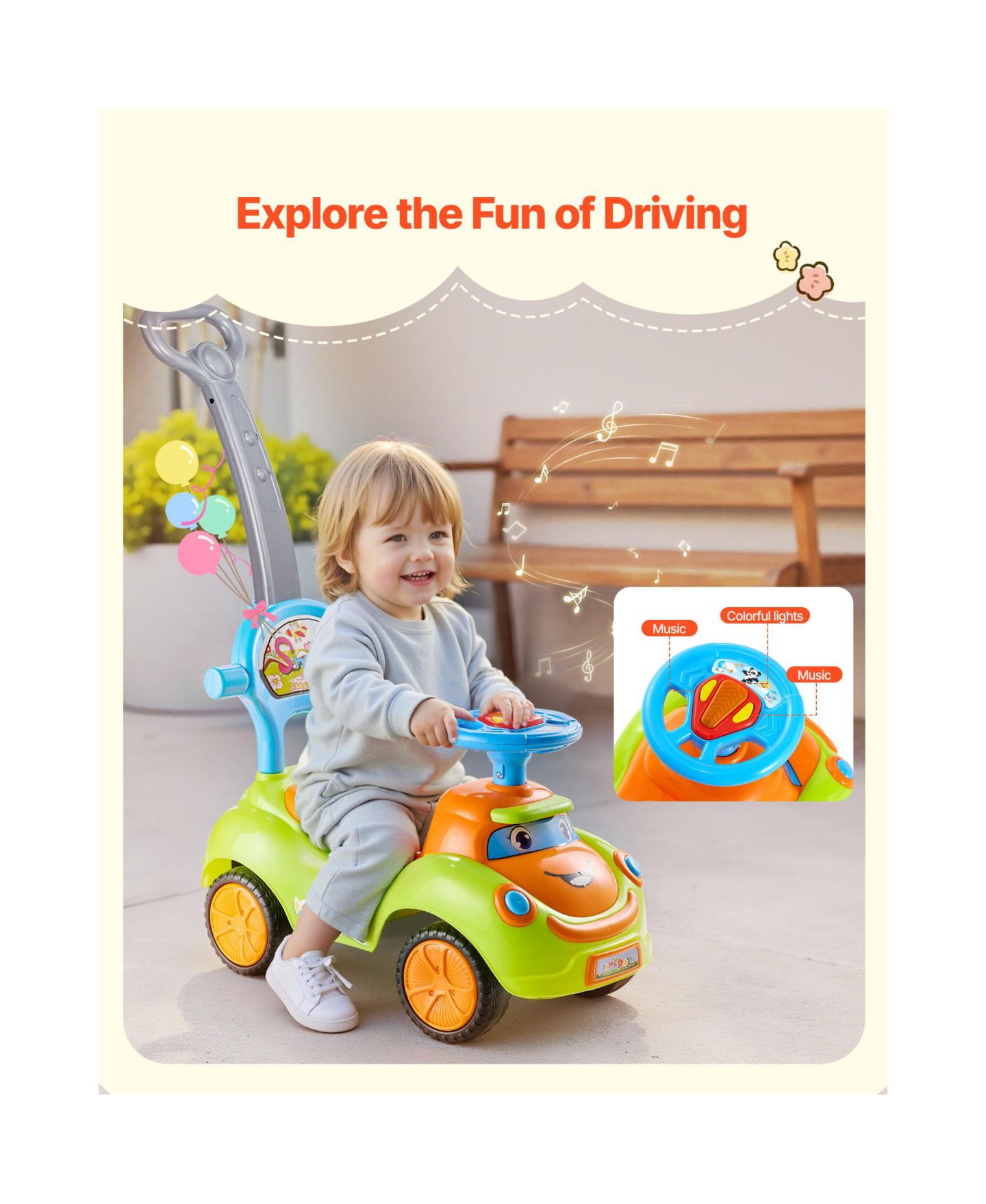 Детская игрушка SUGIFT 3-in-1 Ride-On Push Car with Interactive Steering Wheel, LED Lights & Music, Guardrails, 55 lbs, Ages 19-36 Months, цвет: Зелёный — фото 8