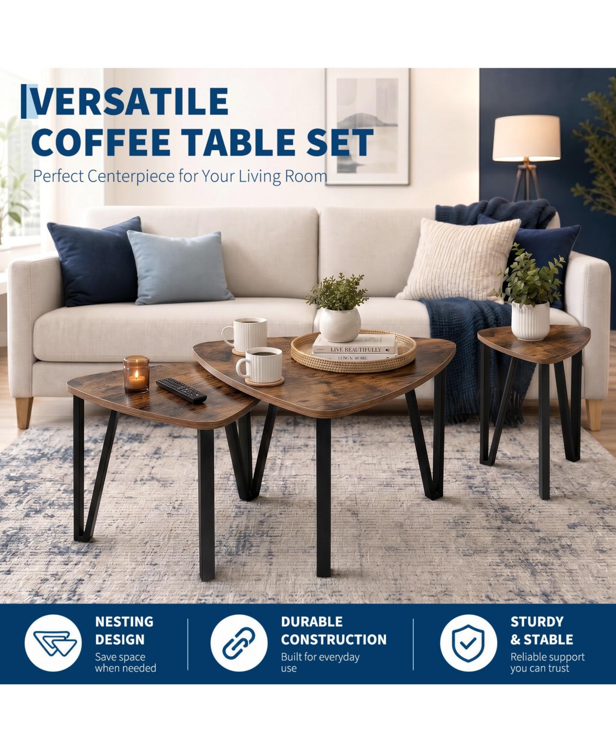homfan Set of 3 Triangle Nesting Coffee Tables – Industrial Stacking Side Tables with Metal Frame for Living Room and Bedroom