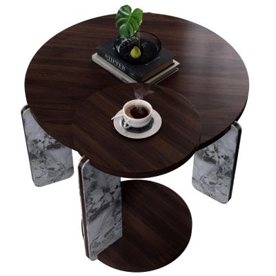 2-Piece Nesting Coffee Table Set, Veneer MDF Top with Sintered Stone Legs and Base