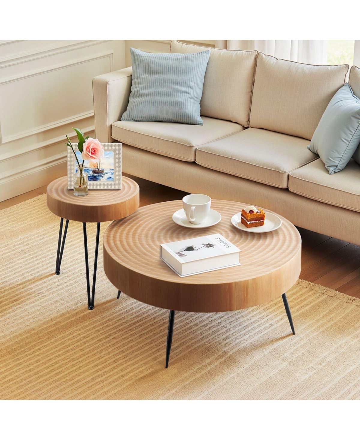 Slickblue 2 Piece Round Coffee Table Set with End Table and Metal Legs