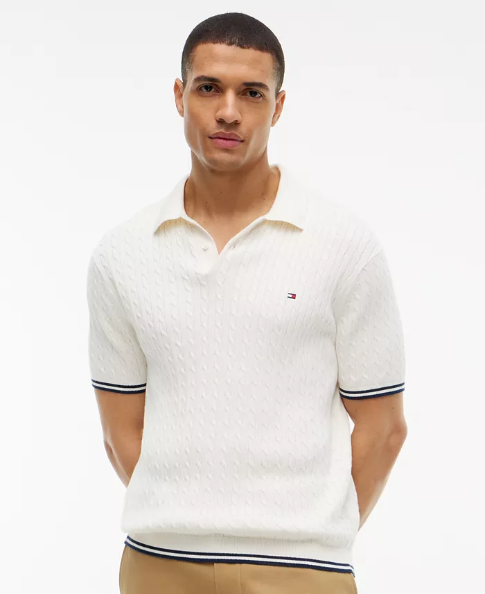 Men's Cable Knitted Short-Sleeve Sweater Polo Shirt