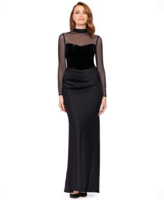 Women's Short Scuba Crepe With Drape Back Velvet Long-Sleeve Mesh Gown
