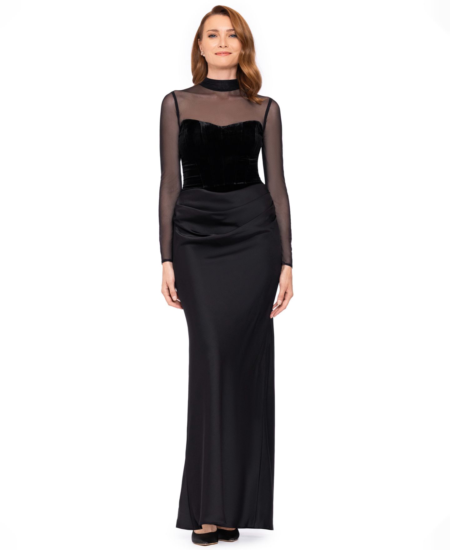 Женские платья Betsy & Adam Short Scuba Crepe With Drape Back Velvet Long-Sleeve Mesh Gown, цвет: Чёрный — фото 1