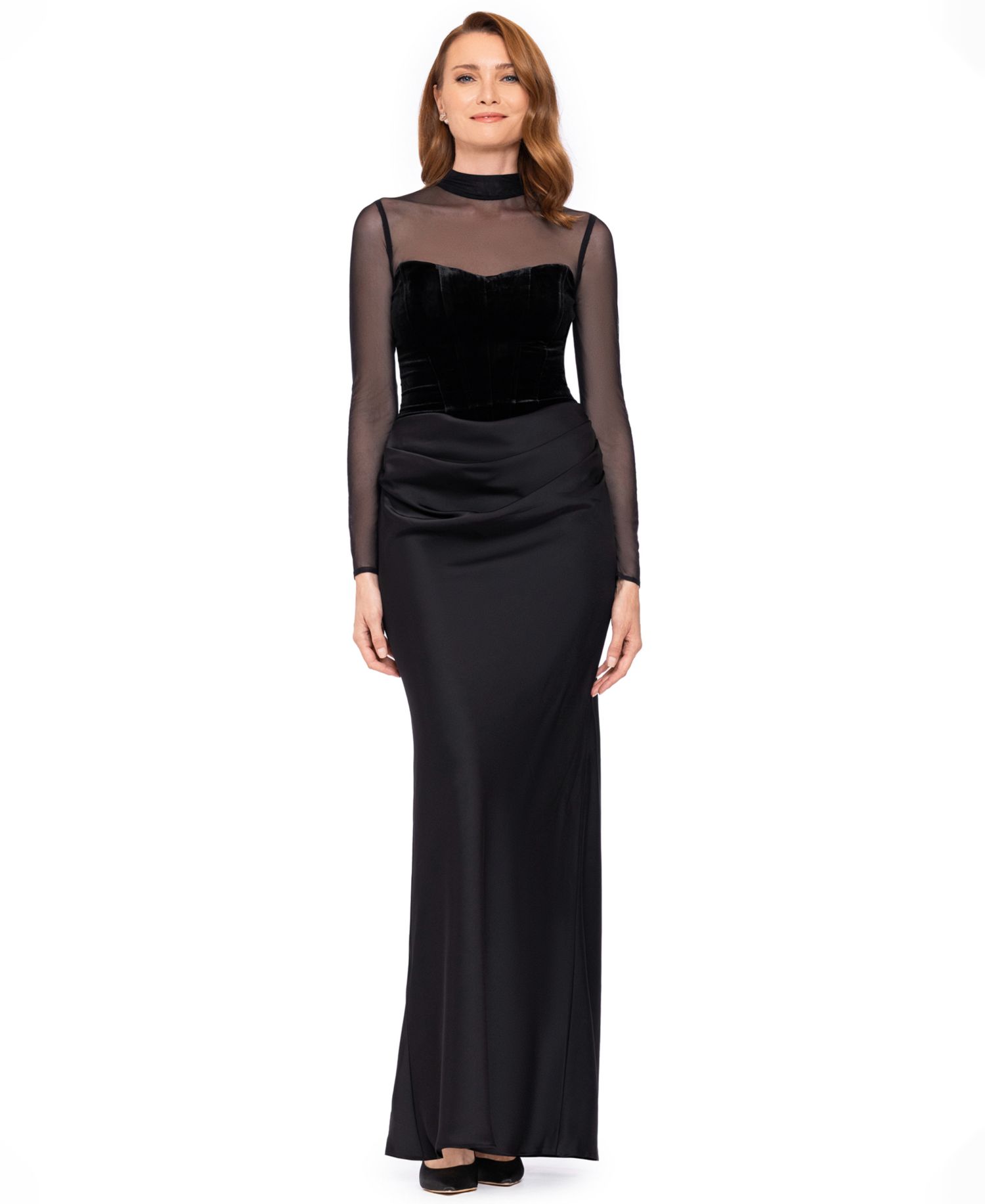 Women's Short Scuba Crepe With Drape Back Velvet Long-Sleeve Mesh Gown