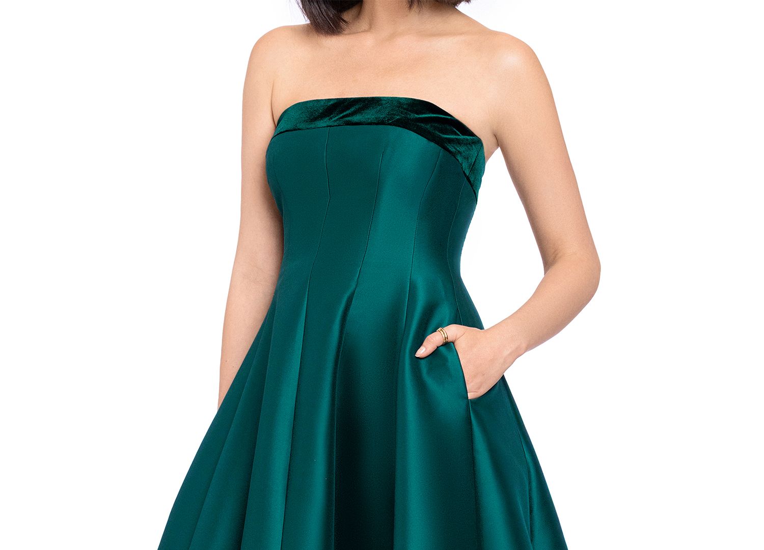 Women's Strapless Mikado With Velvet Stripe High Low Fit & Flare Dress