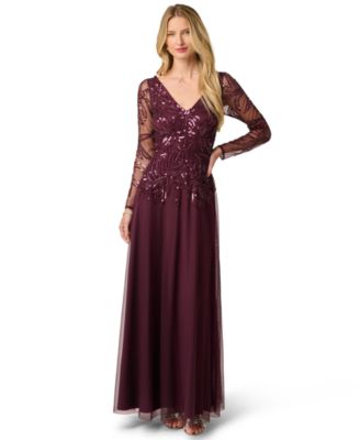 adrianna papell dress long sleeve beaded Women's V-Neck Long-Sleeve Sheer long sleeves and