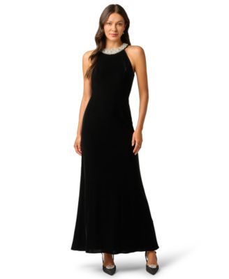 Women's Imitation Pearl Collar Velvet Halter Gown