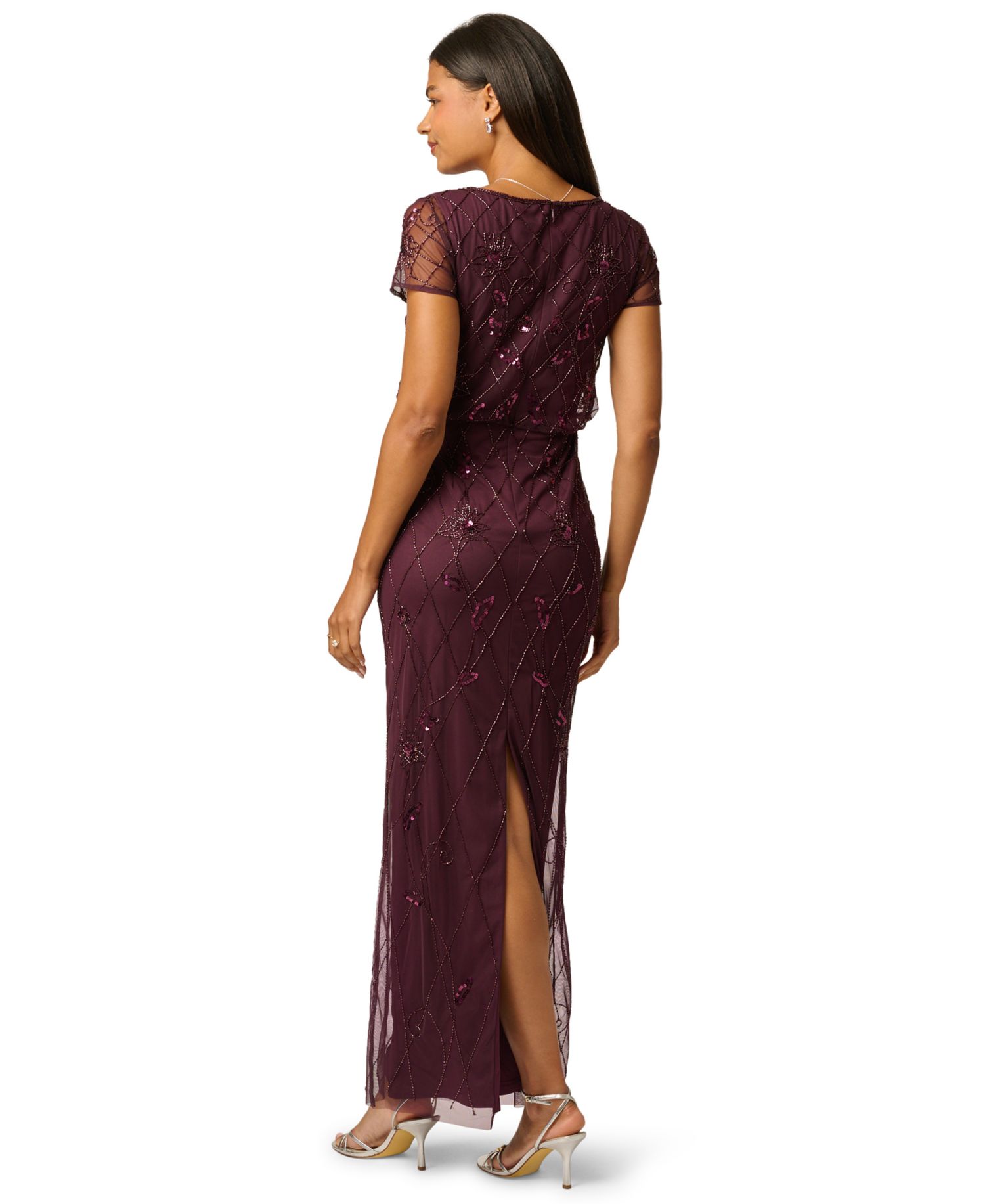Women's Bead Blouson Boat Neck Short-Sleeve Long Dress