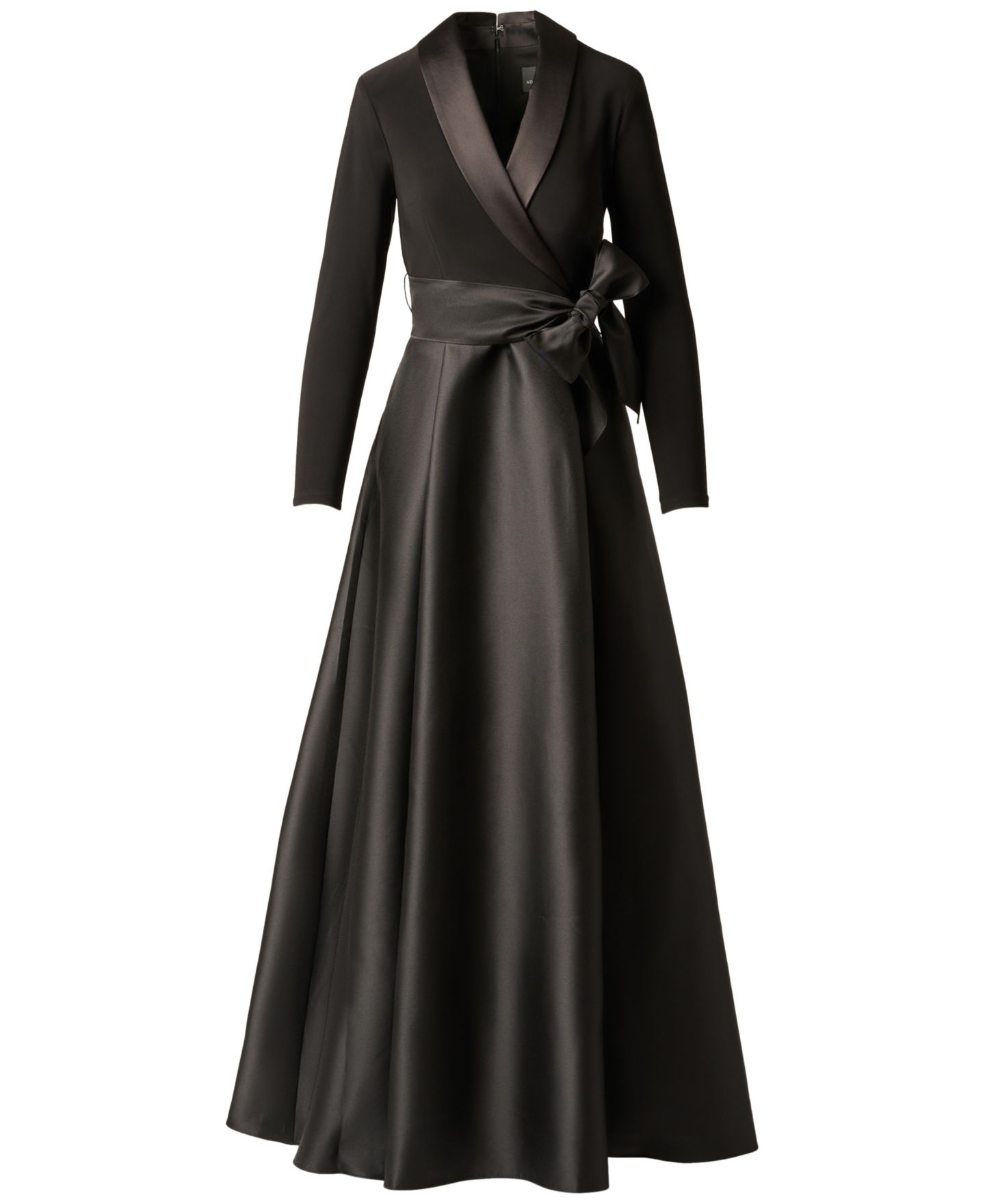 Женское платье Adrianna Papell Tuxedo Combo Fit and Flare Long-Sleeve Shawl Collar Satin Gown, цвет: Чёрный — фото 5