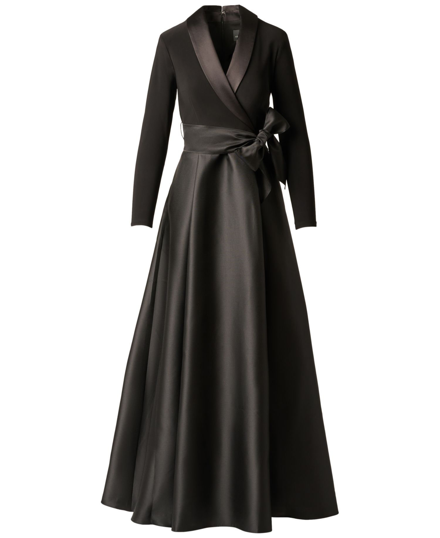 Women's Tuxedo Combo Fit and Flare Long-Sleeve Shawl Collar Satin Gown
