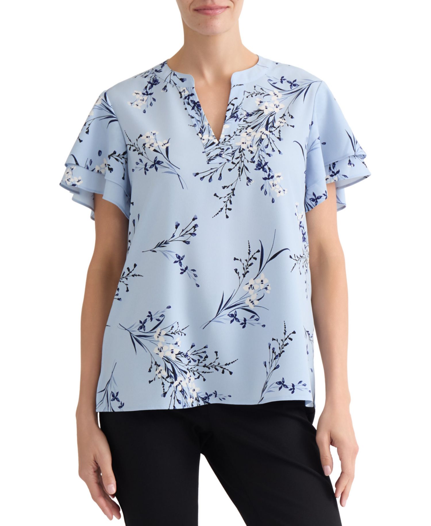 Petite Floral-Print Short-Sleeve Blouse