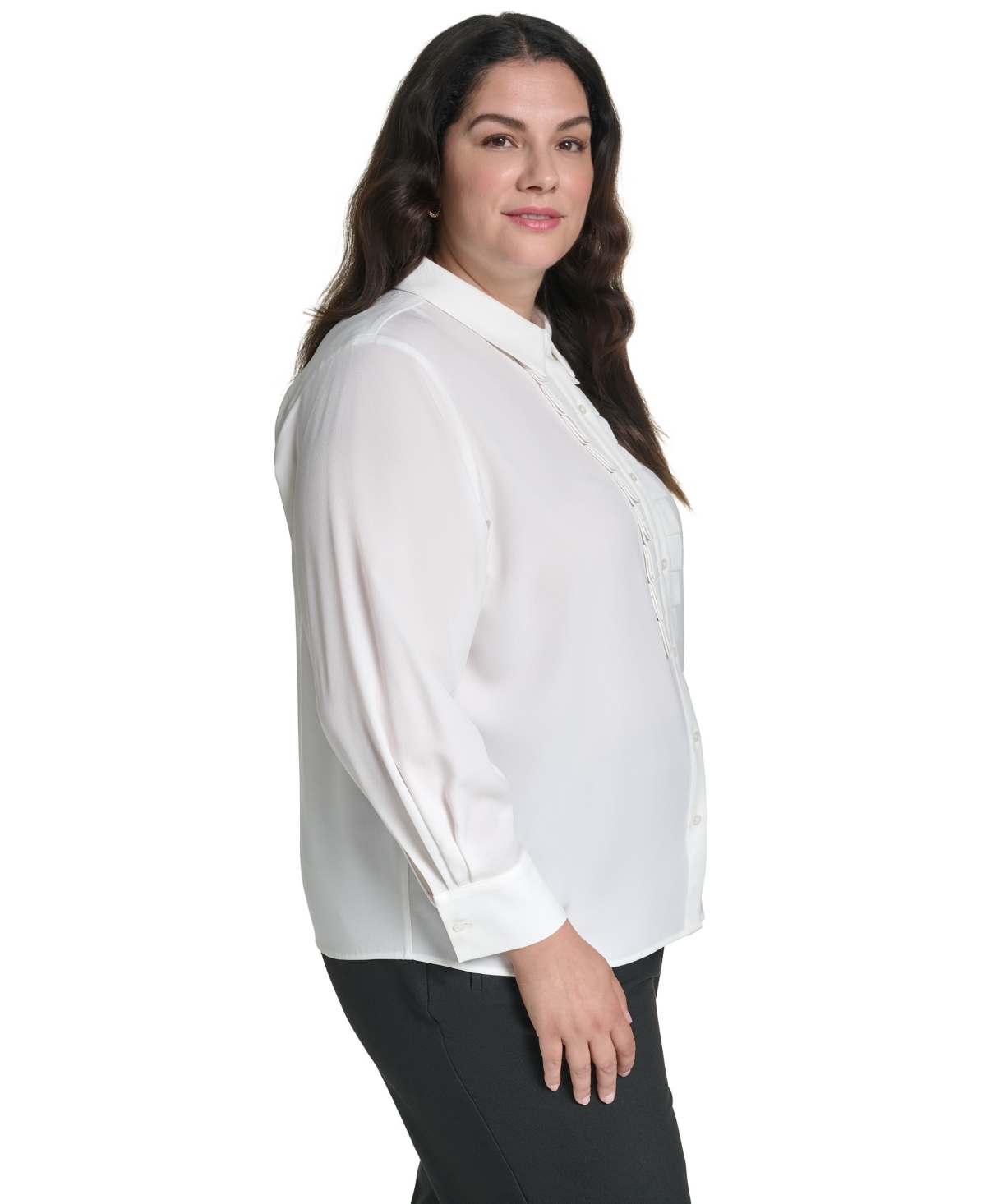 Karl Lagerfeld Paris Plus Long-Sleeve Collared Pleated Blouse