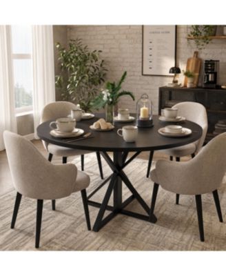 47 Inch Round Wood Dining Table, K-Shaped Carbon Steel Pedestal Base, Heat and Water Resistant MDF Tabletop, Space Saving Industrial Dinner Table